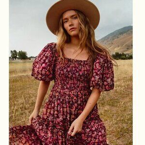 NWT Ivy City Co Madeline Floral Tiered Ruffle Midi Dress Burgundy Women XL